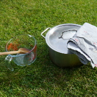 glass jug and wooden spoon large pan