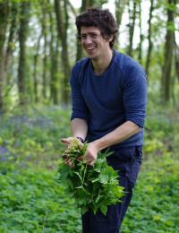 man in a bluebell wood holding a big bunch of elder leaves