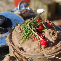 saucepan, full of sand, grass and berries