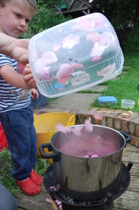 petals being poured into a pan