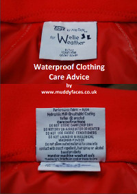 the tag of a red school shirt with text: waterproof clothing care advice