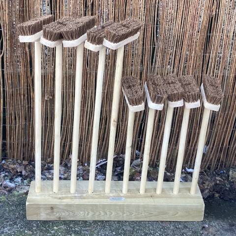 Set of 10 Wooden Brooms with Stand