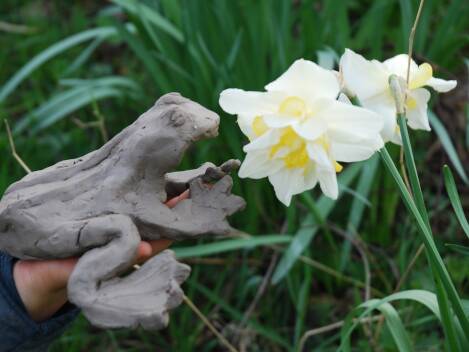 Clay frog next to daffodil 60x40